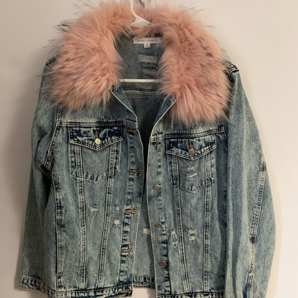 Honey Punch distressed denim jacket, pink fuax fur